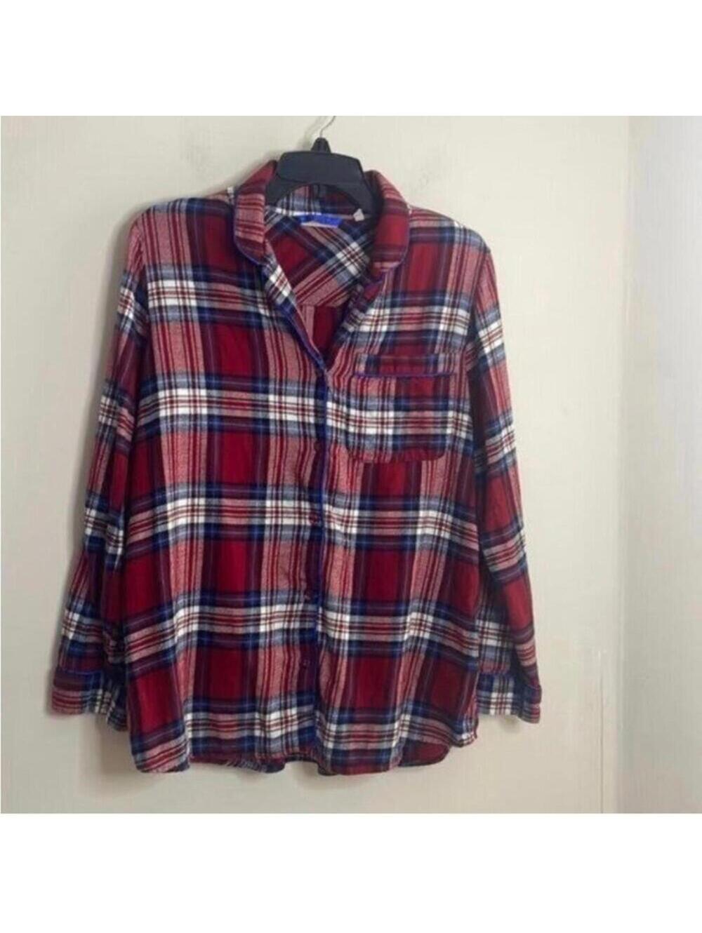 Soft surroundings, red and blue plaid button up pajama top cotton blend